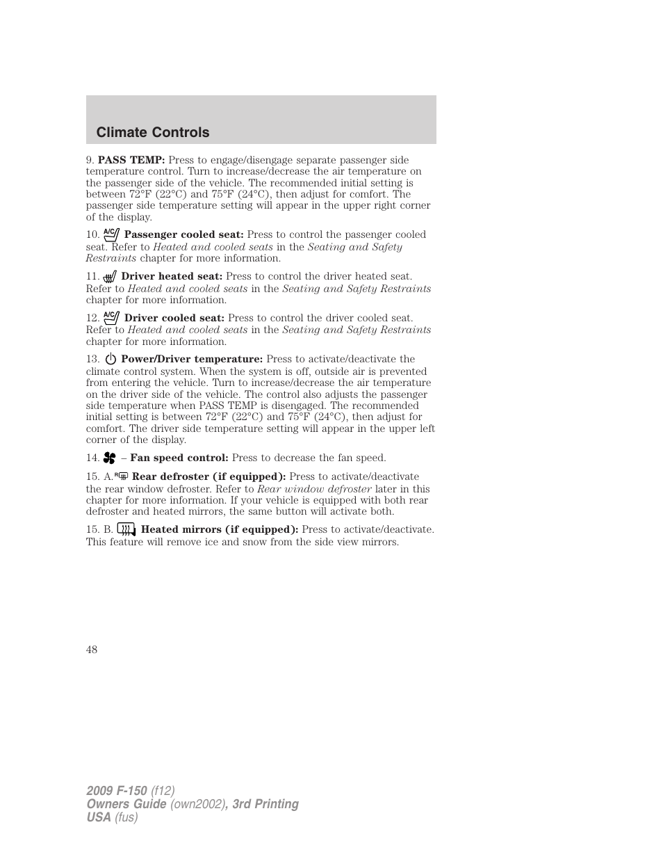 Climate controls | FORD 2009 F-150 v.3 User Manual | Page 48 / 409