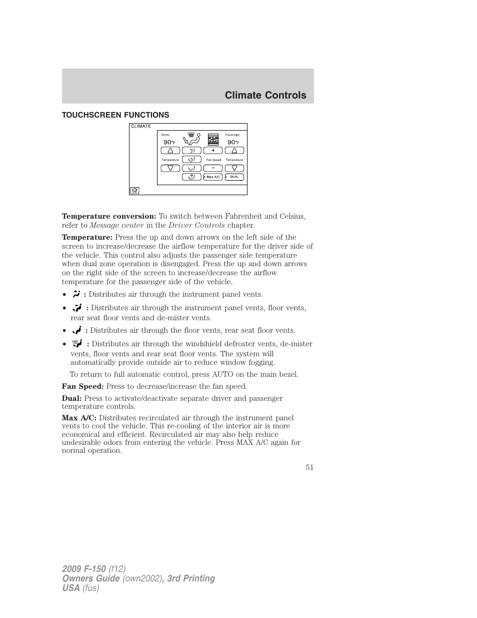 Touchscreen functions, Climate controls | FORD 2009 F-150 v.3 User Manual | Page 51 / 409