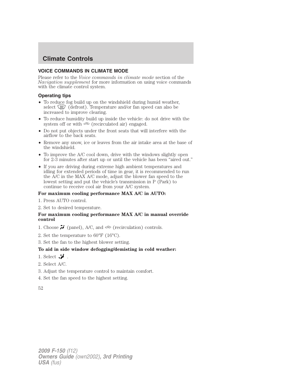 Voice commands in climate mode, Operating tips, Climate controls | FORD 2009 F-150 v.3 User Manual | Page 52 / 409