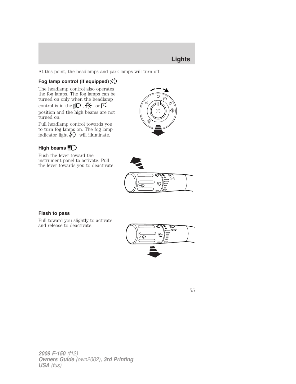 Fog lamp control (if equipped), High beams, Flash to pass | Lights | FORD 2009 F-150 v.3 User Manual | Page 55 / 409