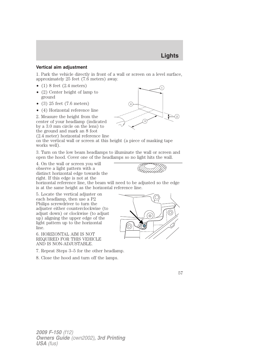 Vertical aim adjustment, Lights | FORD 2009 F-150 v.3 User Manual | Page 57 / 409