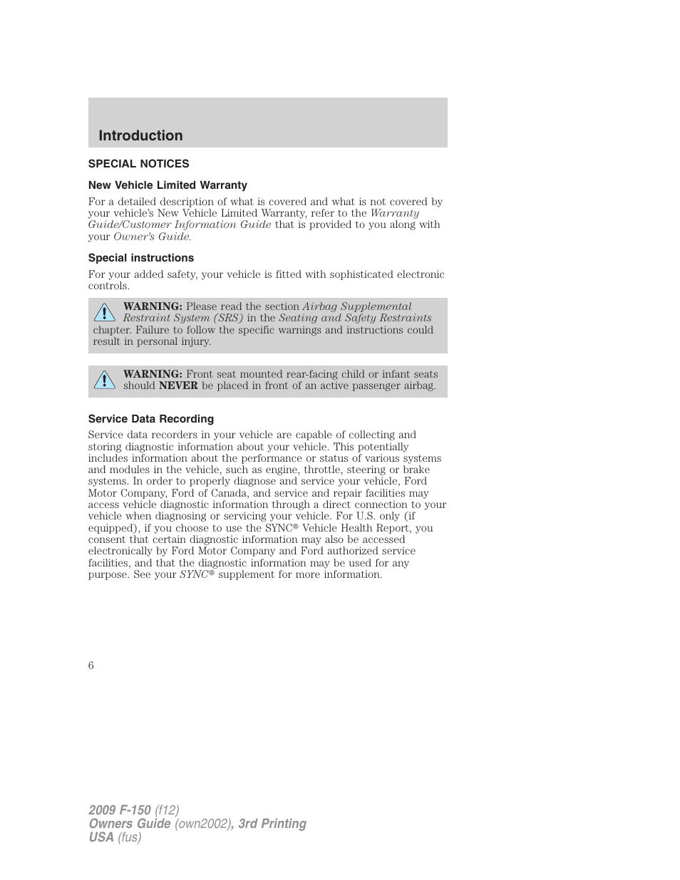 Special notices, New vehicle limited warranty, Special instructions | Service data recording, Introduction | FORD 2009 F-150 v.3 User Manual | Page 6 / 409