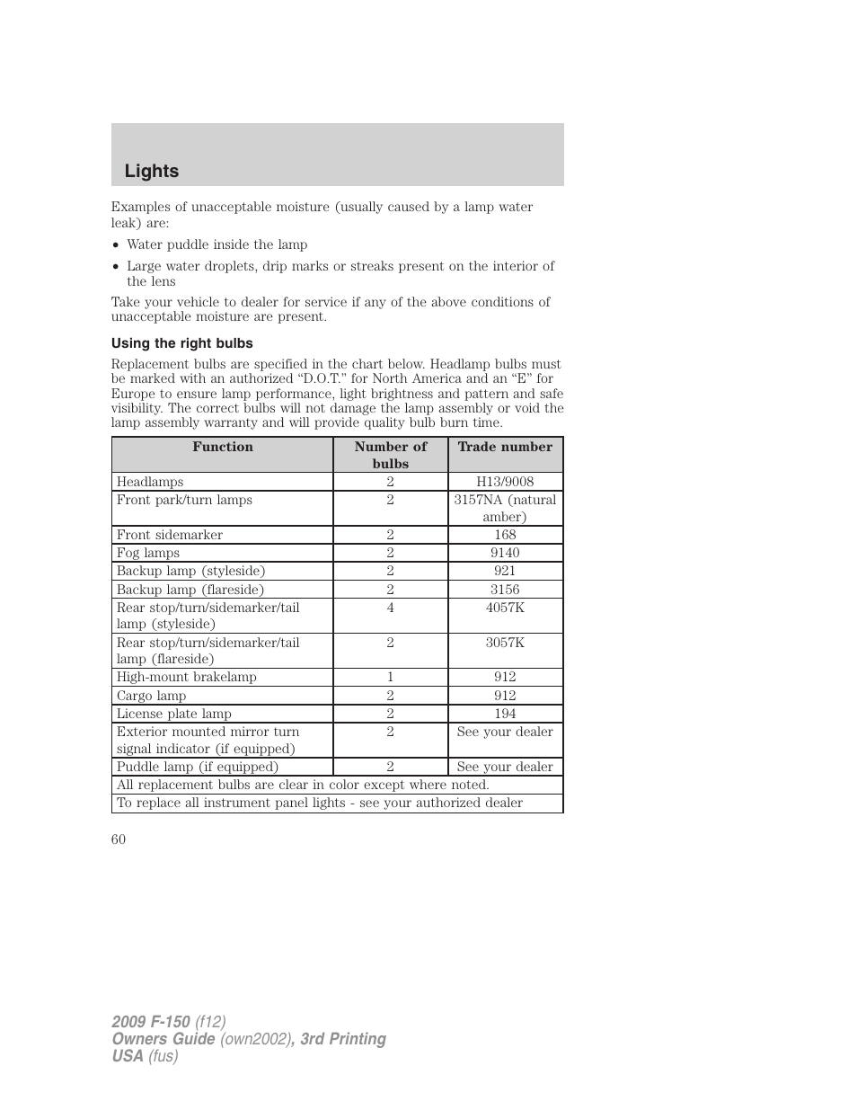 Using the right bulbs, Lights | FORD 2009 F-150 v.3 User Manual | Page 60 / 409