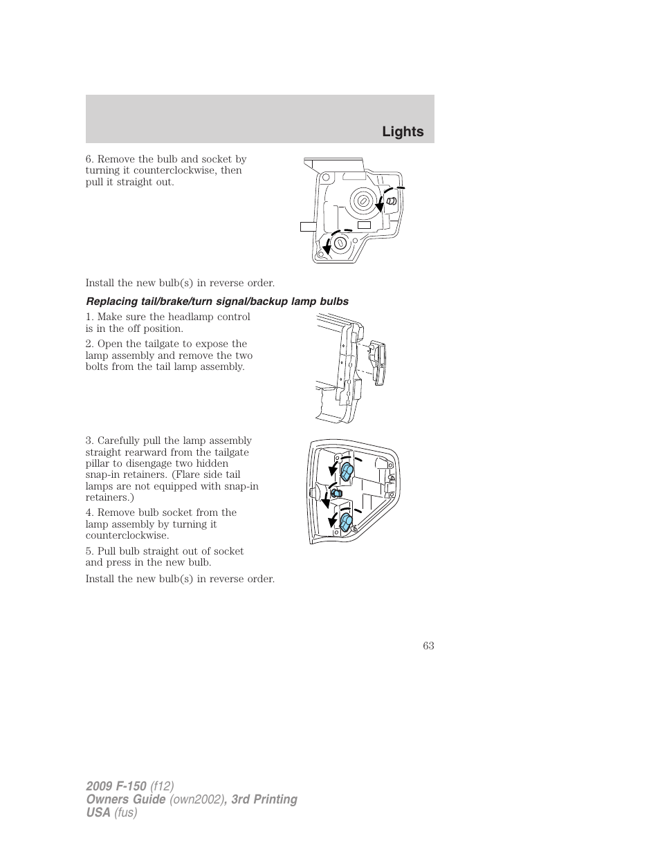 Replacing tail/brake/turn signal/backup lamp bulbs, Lights | FORD 2009 F-150 v.3 User Manual | Page 63 / 409