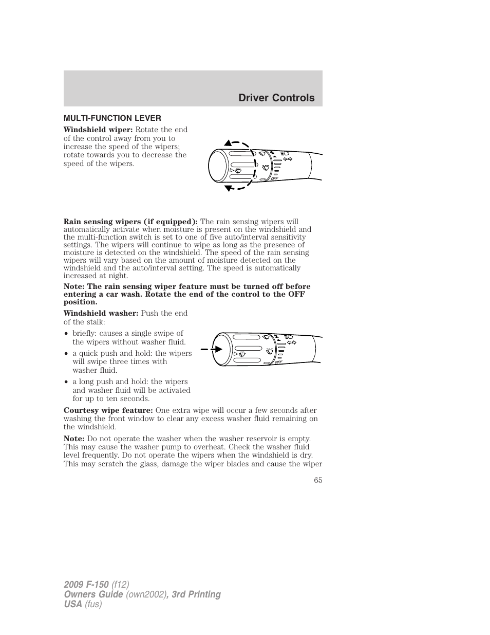 Driver controls, Multi-function lever, Windshield wiper/washer control | FORD 2009 F-150 v.3 User Manual | Page 65 / 409