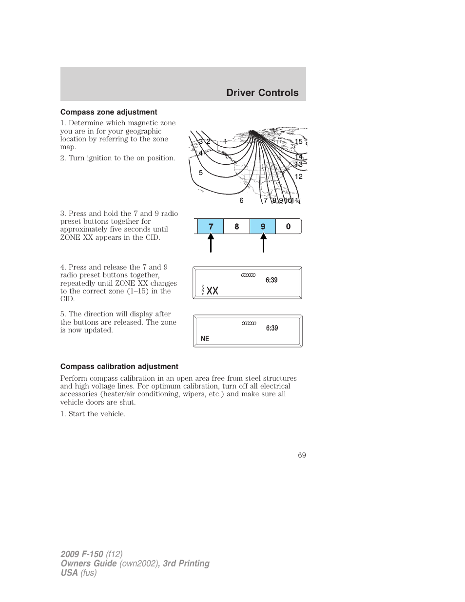 Compass zone adjustment, Compass calibration adjustment, Driver controls | FORD 2009 F-150 v.3 User Manual | Page 69 / 409