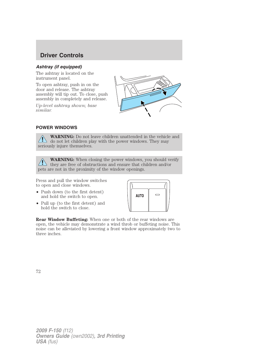 Ashtray (if equipped), Power windows, Driver controls | FORD 2009 F-150 v.3 User Manual | Page 72 / 409