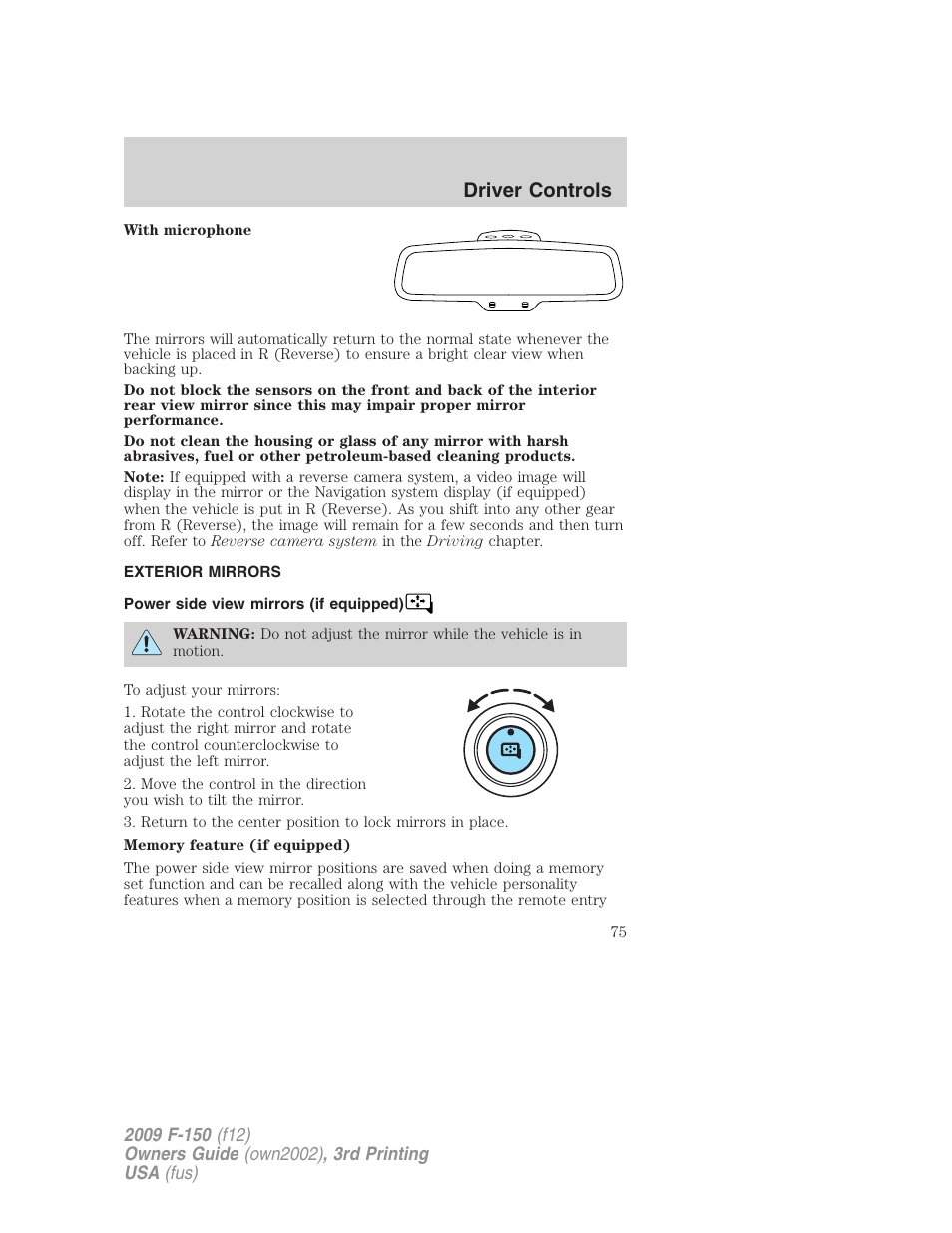 Exterior mirrors, Power side view mirrors (if equipped), Driver controls | FORD 2009 F-150 v.3 User Manual | Page 75 / 409