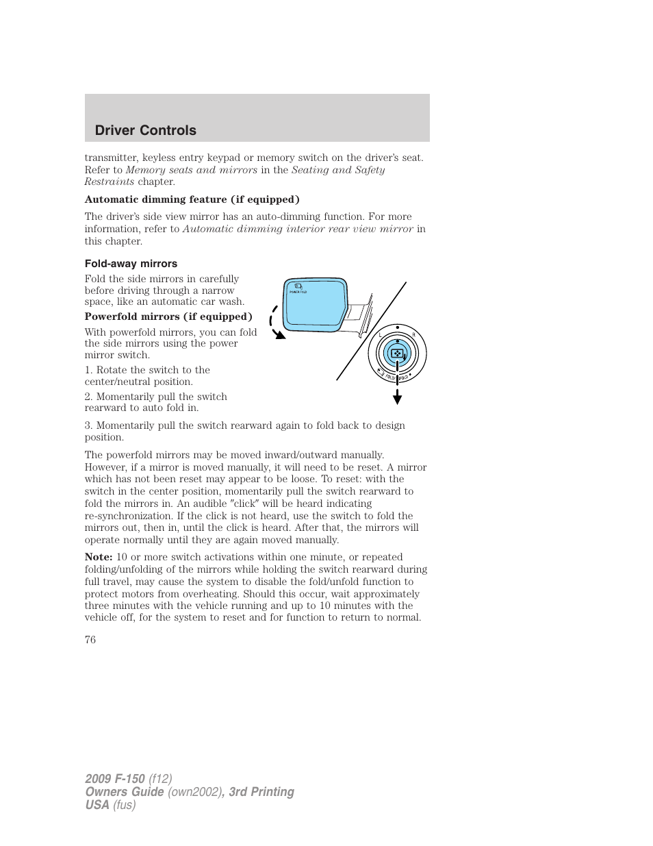 Fold-away mirrors, Driver controls | FORD 2009 F-150 v.3 User Manual | Page 76 / 409