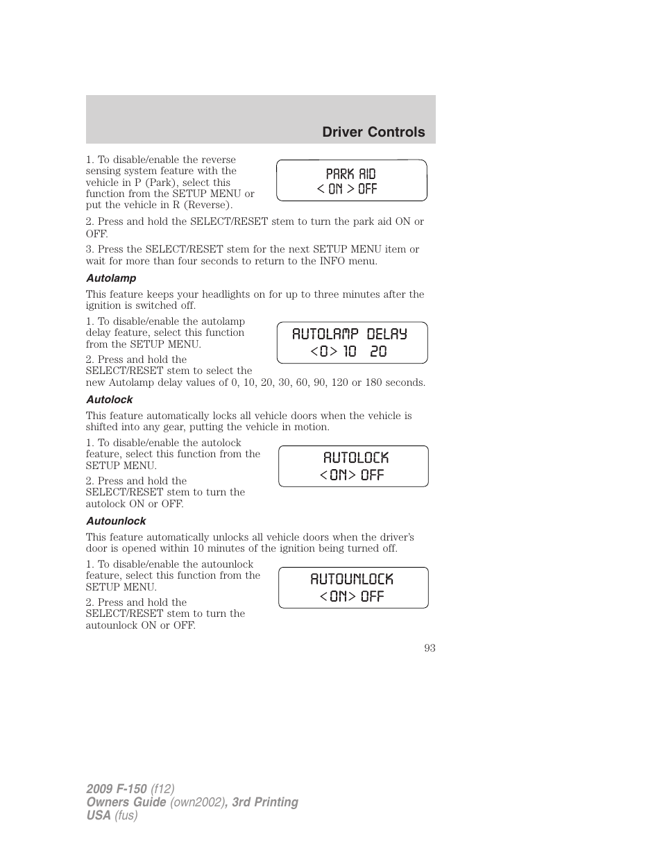 Autolamp, Autolock, Autounlock | Driver controls | FORD 2009 F-150 v.3 User Manual | Page 93 / 409