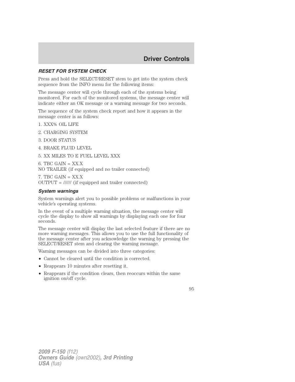 Reset for system check, System warnings, Driver controls | FORD 2009 F-150 v.3 User Manual | Page 95 / 409