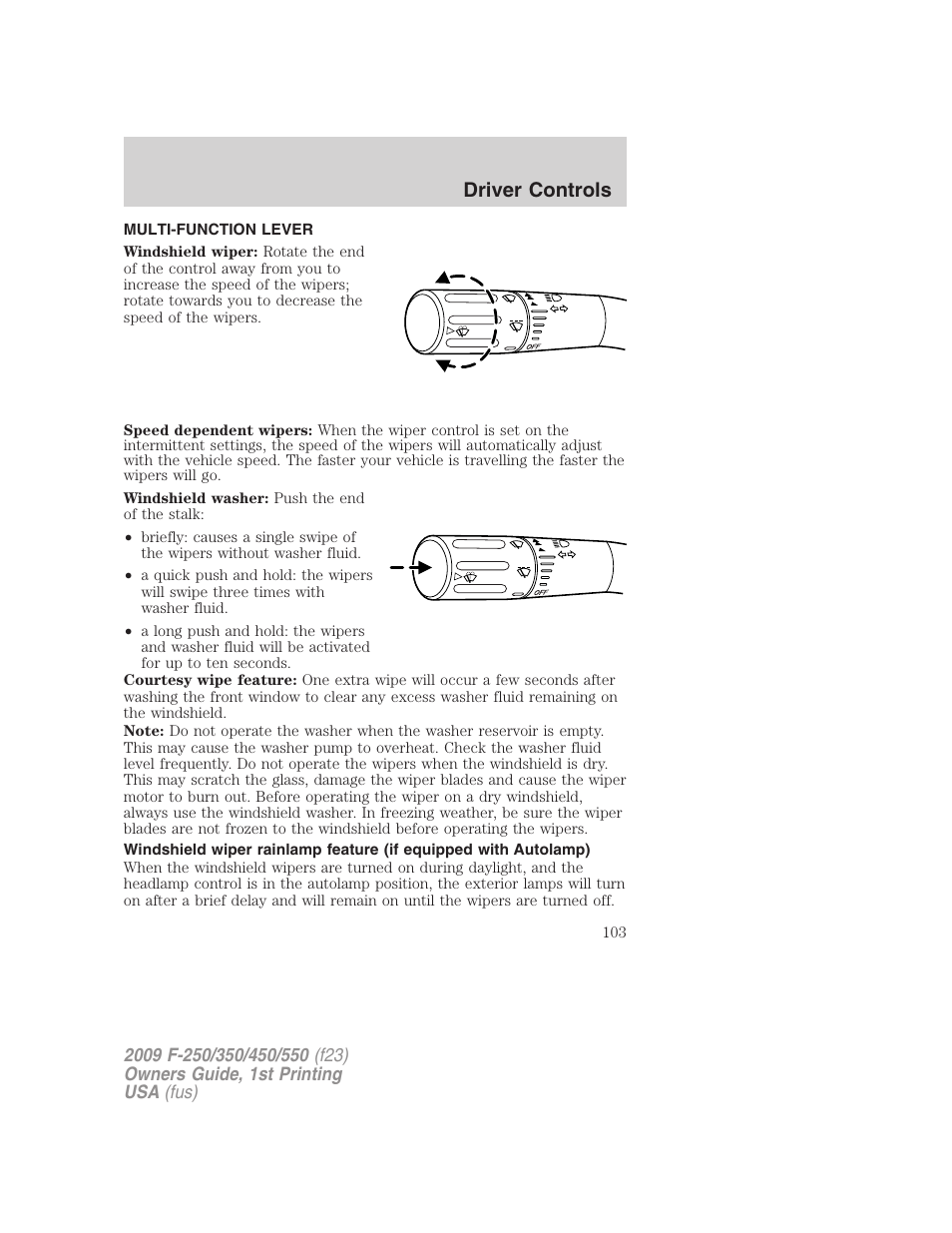 Driver controls, Multi-function lever, Windshield wiper/washer control | FORD 2009 F-550 v.1 User Manual | Page 103 / 418