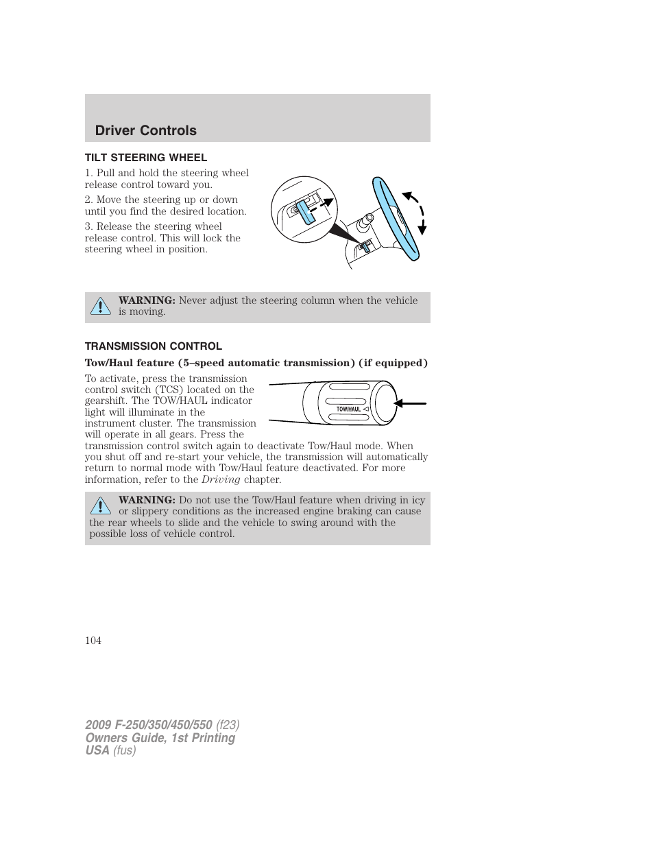 Tilt steering wheel, Transmission control, Steering wheel adjustment | Driver controls | FORD 2009 F-550 v.1 User Manual | Page 104 / 418