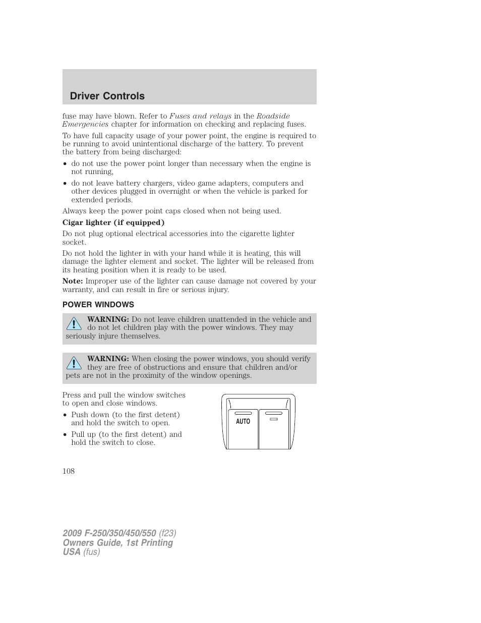 Power windows, Driver controls | FORD 2009 F-550 v.1 User Manual | Page 108 / 418