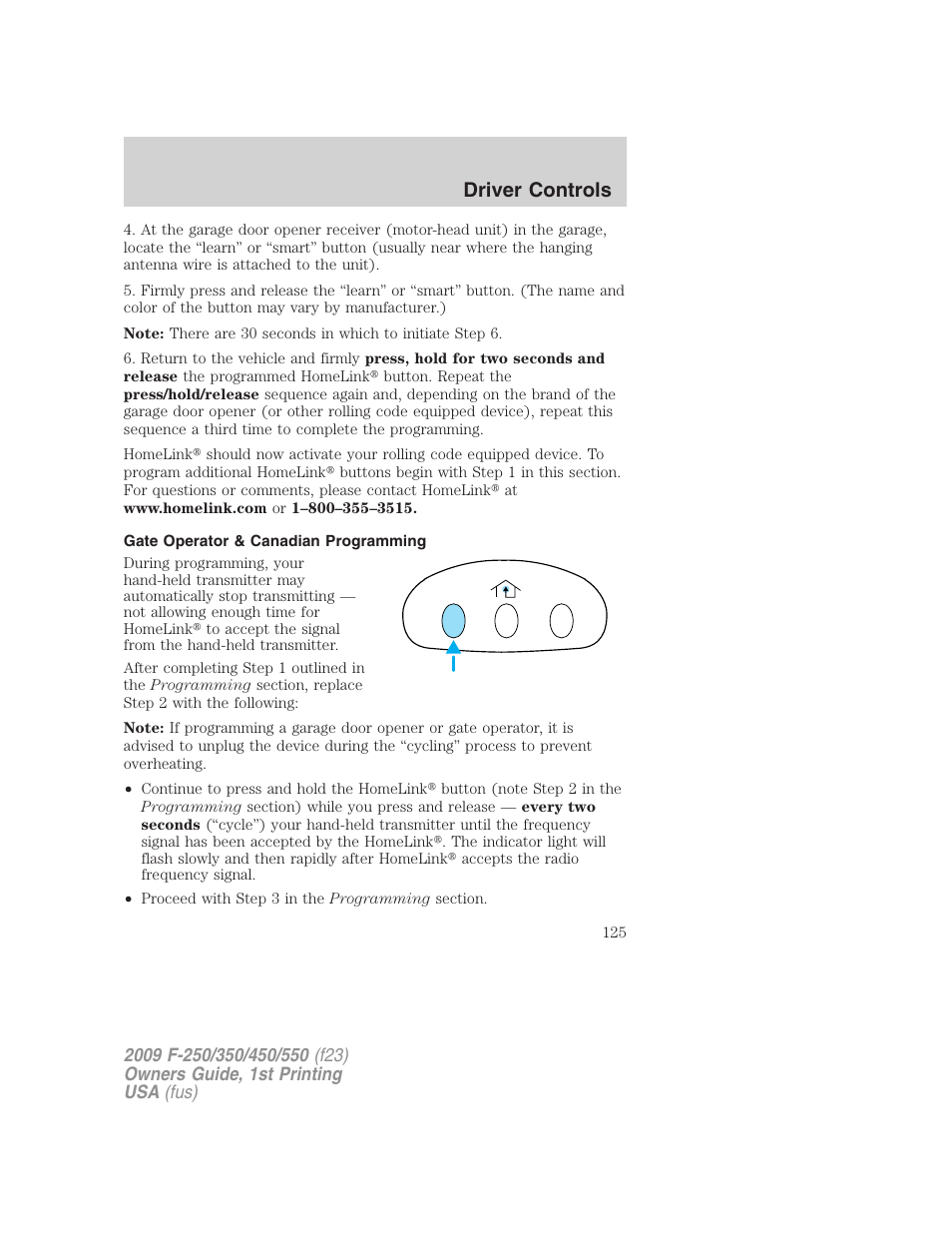 Gate operator & canadian programming, Driver controls | FORD 2009 F-550 v.1 User Manual | Page 125 / 418