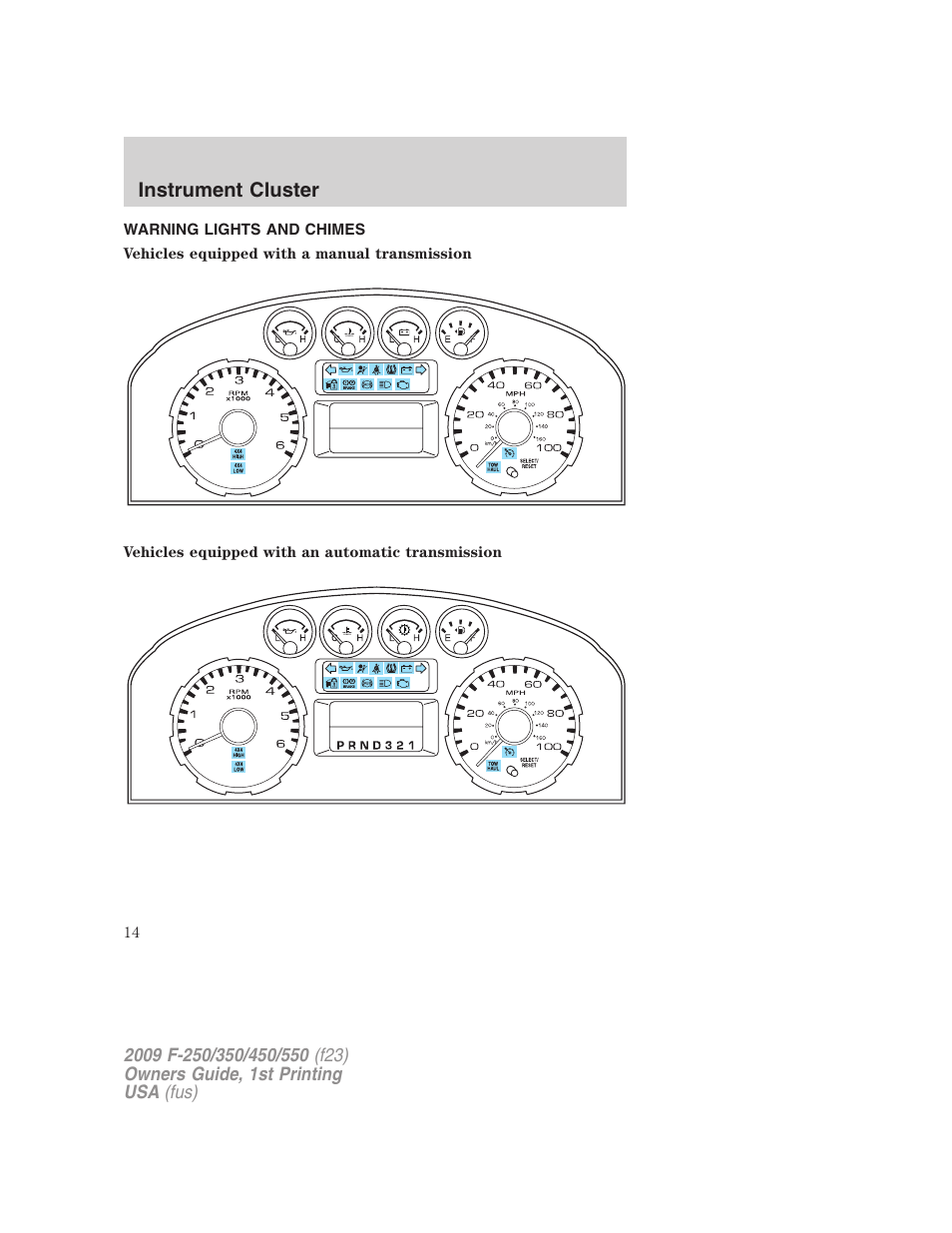 Instrument cluster, Warning lights and chimes | FORD 2009 F-550 v.1 User Manual | Page 14 / 418