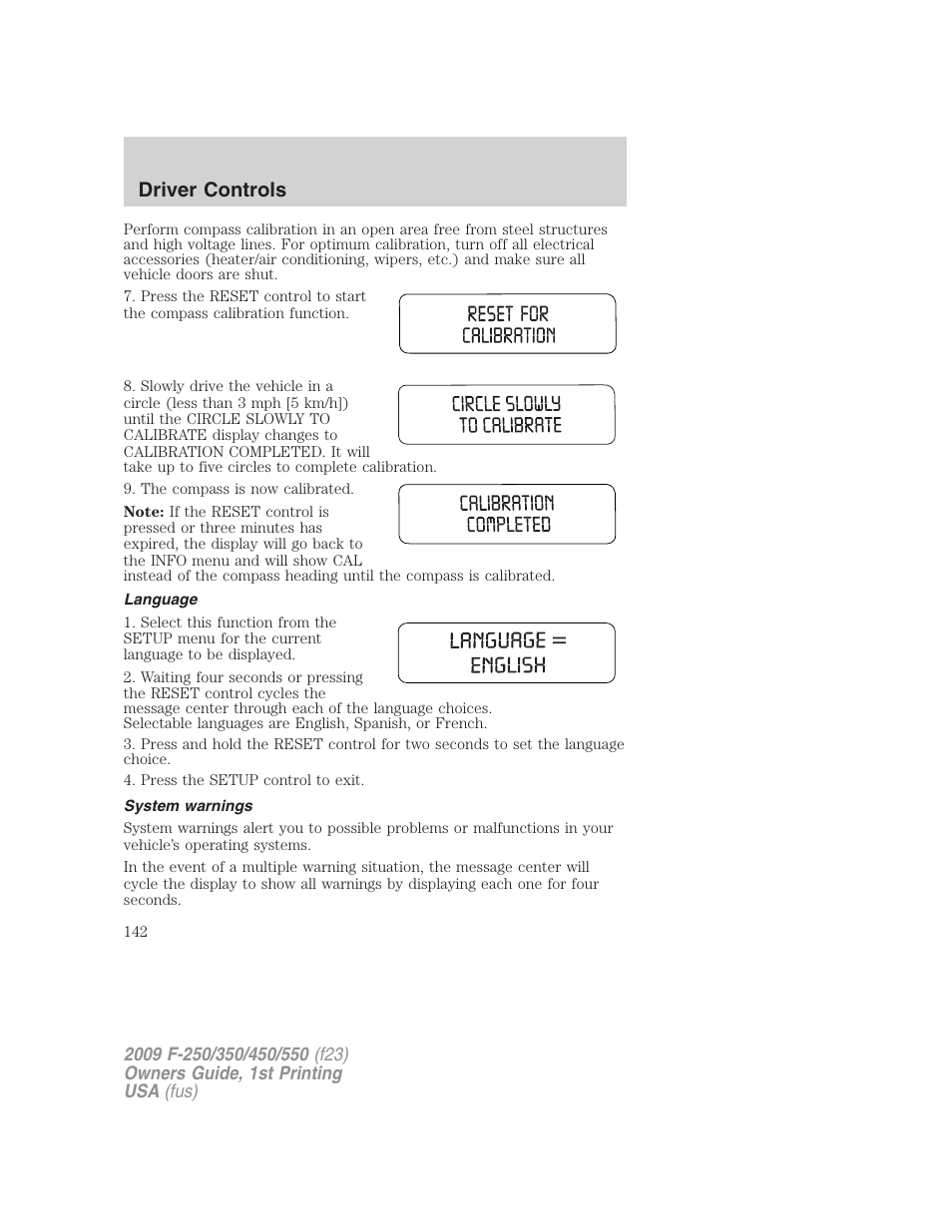 Language, System warnings, Driver controls | FORD 2009 F-550 v.1 User Manual | Page 142 / 418