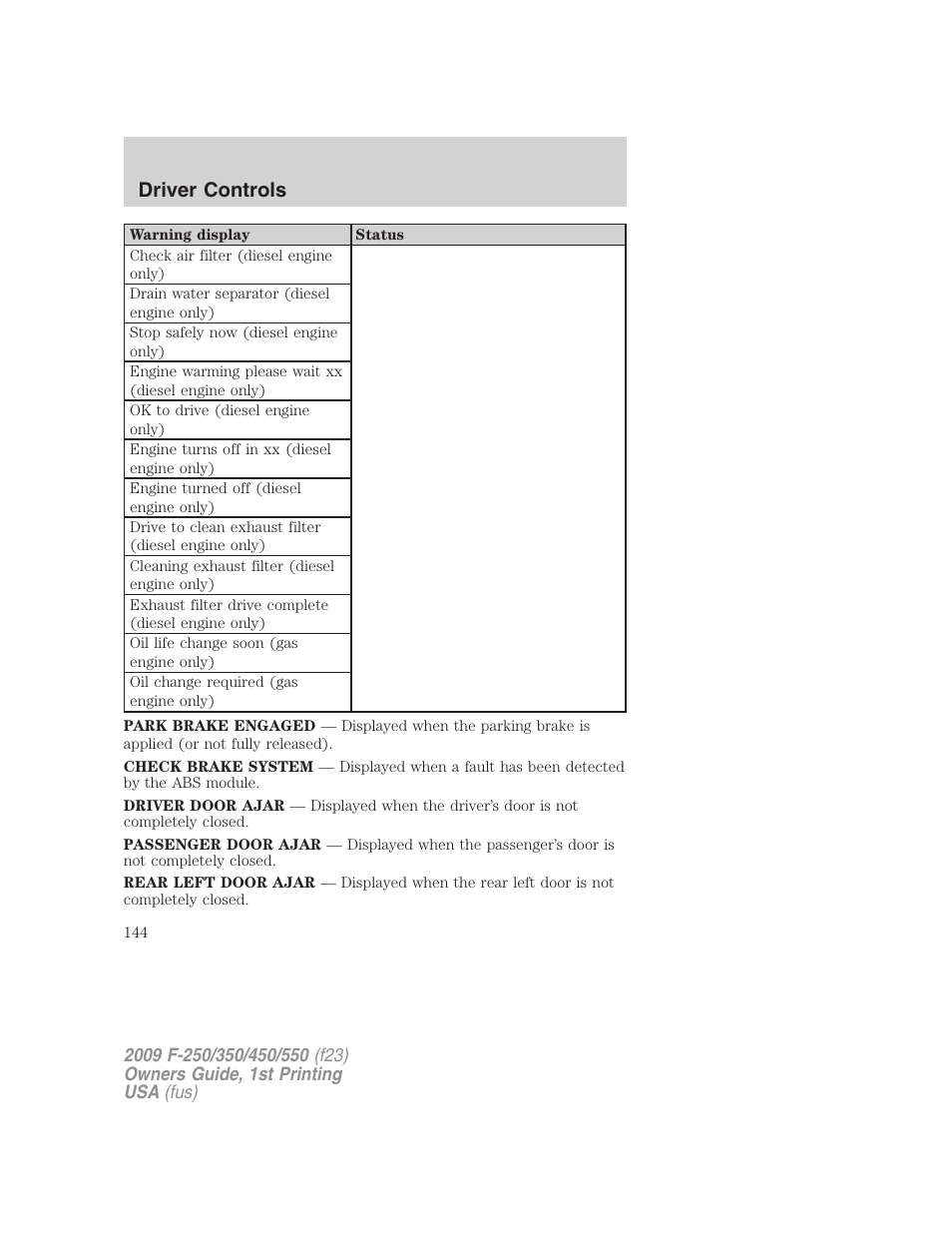 Driver controls | FORD 2009 F-550 v.1 User Manual | Page 144 / 418