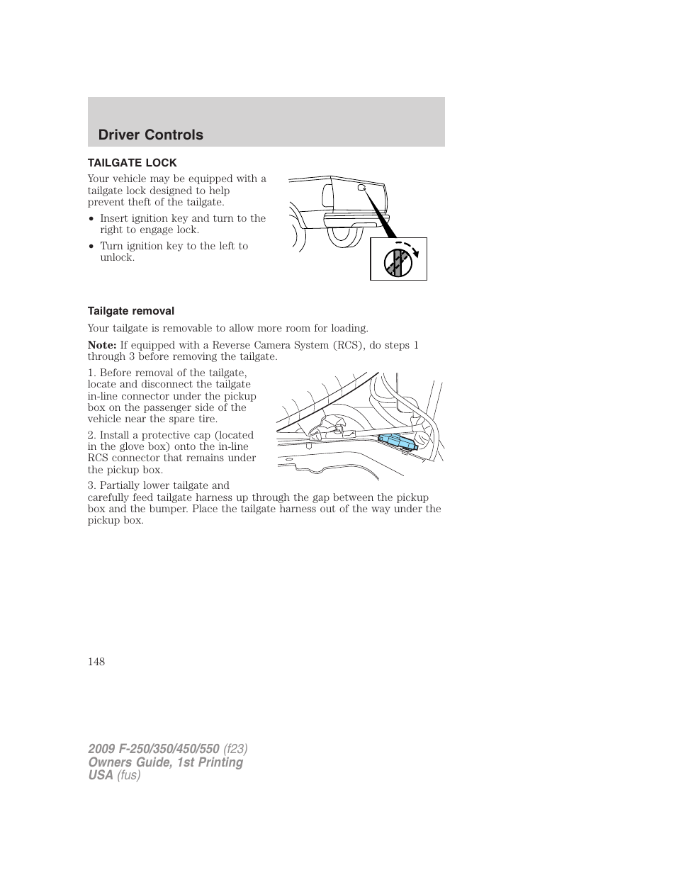 Tailgate lock, Tailgate removal, Driver controls | FORD 2009 F-550 v.1 User Manual | Page 148 / 418