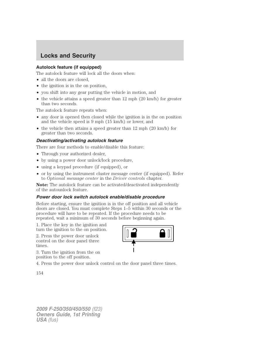 Autolock feature (if equipped), Deactivating/activating autolock feature, Locks and security | FORD 2009 F-550 v.1 User Manual | Page 154 / 418