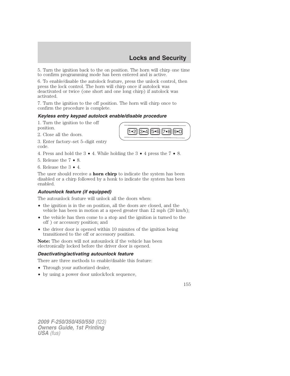 Autounlock feature (if equipped), Deactivating/activating autounlock feature, Locks and security | FORD 2009 F-550 v.1 User Manual | Page 155 / 418