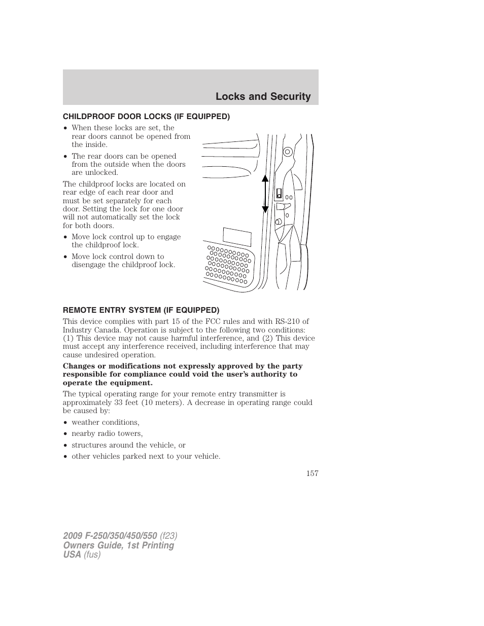 Childproof door locks (if equipped), Remote entry system (if equipped), Locks and security | FORD 2009 F-550 v.1 User Manual | Page 157 / 418
