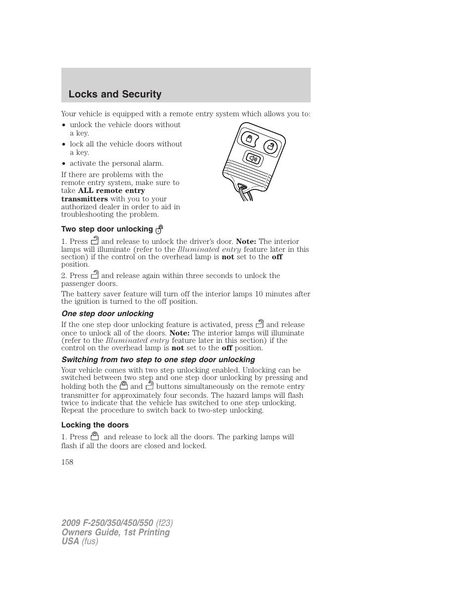 Two step door unlocking, One step door unlocking, Switching from two step to one step door unlocking | Locking the doors, Locks and security | FORD 2009 F-550 v.1 User Manual | Page 158 / 418