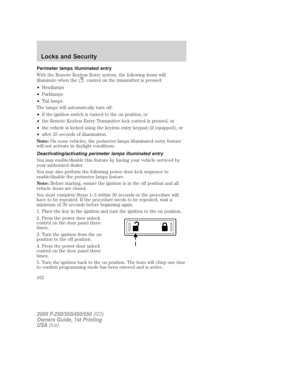 Perimeter lamps illuminated entry, Locks and security | FORD 2009 F-550 v.1 User Manual | Page 162 / 418