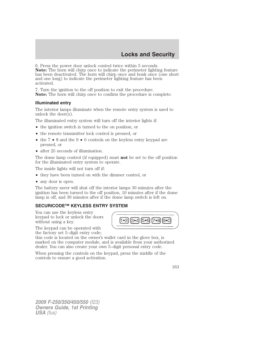 Illuminated entry, Securicode™ keyless entry system, Locks and security | FORD 2009 F-550 v.1 User Manual | Page 163 / 418