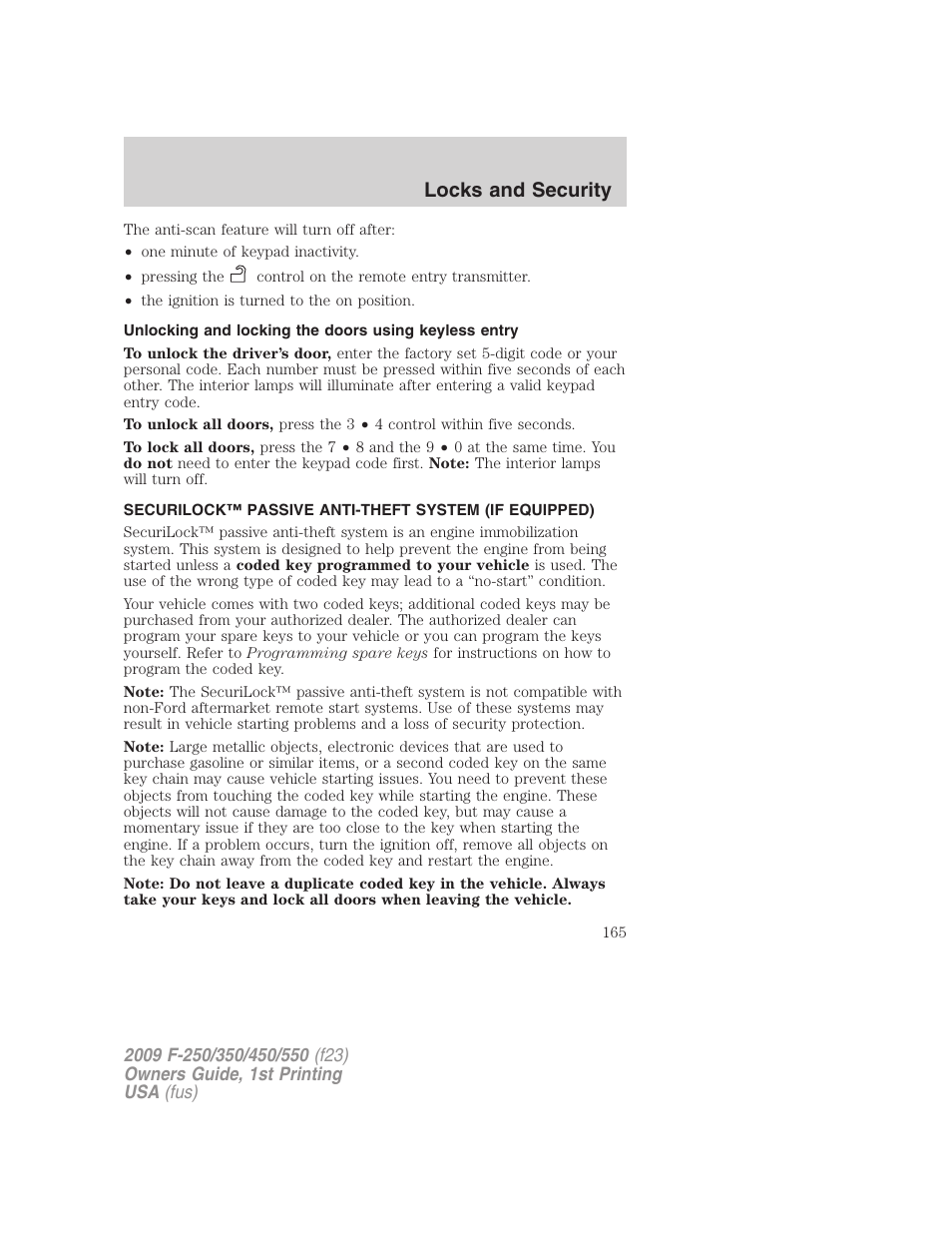 Anti-theft system, Locks and security | FORD 2009 F-550 v.1 User Manual | Page 165 / 418