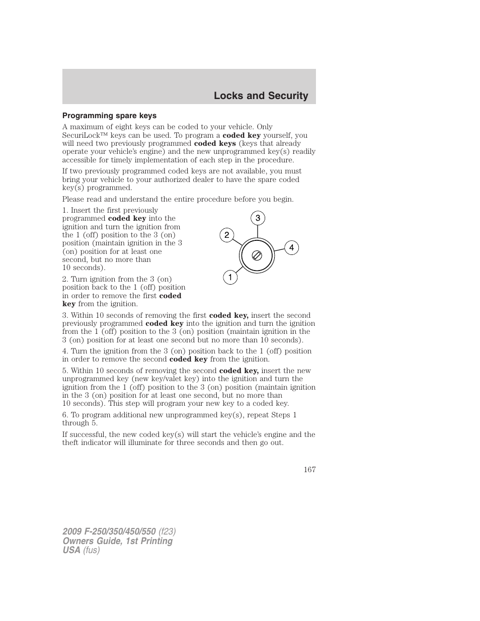 Programming spare keys, Locks and security | FORD 2009 F-550 v.1 User Manual | Page 167 / 418