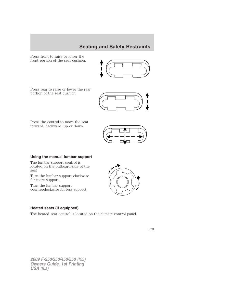 Using the manual lumbar support, Heated seats (if equipped), Seating and safety restraints | FORD 2009 F-550 v.1 User Manual | Page 173 / 418