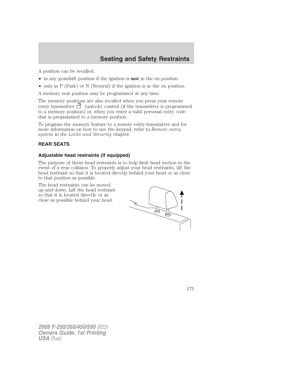 Rear seats, Adjustable head restraints (if equipped), Seating and safety restraints | FORD 2009 F-550 v.1 User Manual | Page 175 / 418
