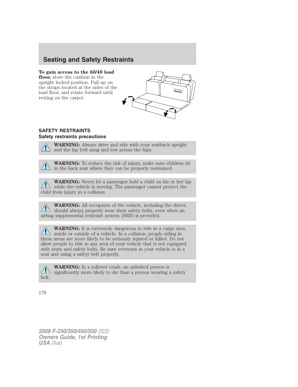 Safety restraints, Safety restraints precautions, Seating and safety restraints | FORD 2009 F-550 v.1 User Manual | Page 178 / 418