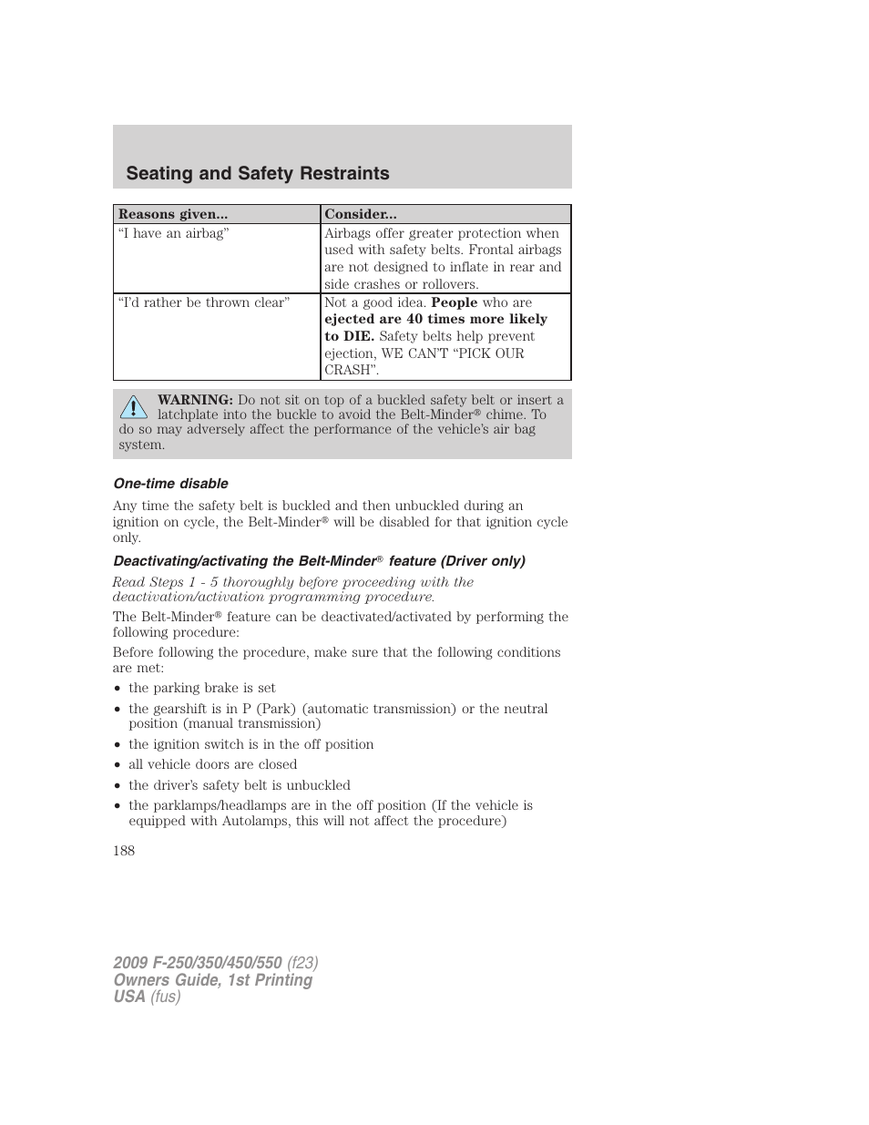 One-time disable, Seating and safety restraints | FORD 2009 F-550 v.1 User Manual | Page 188 / 418