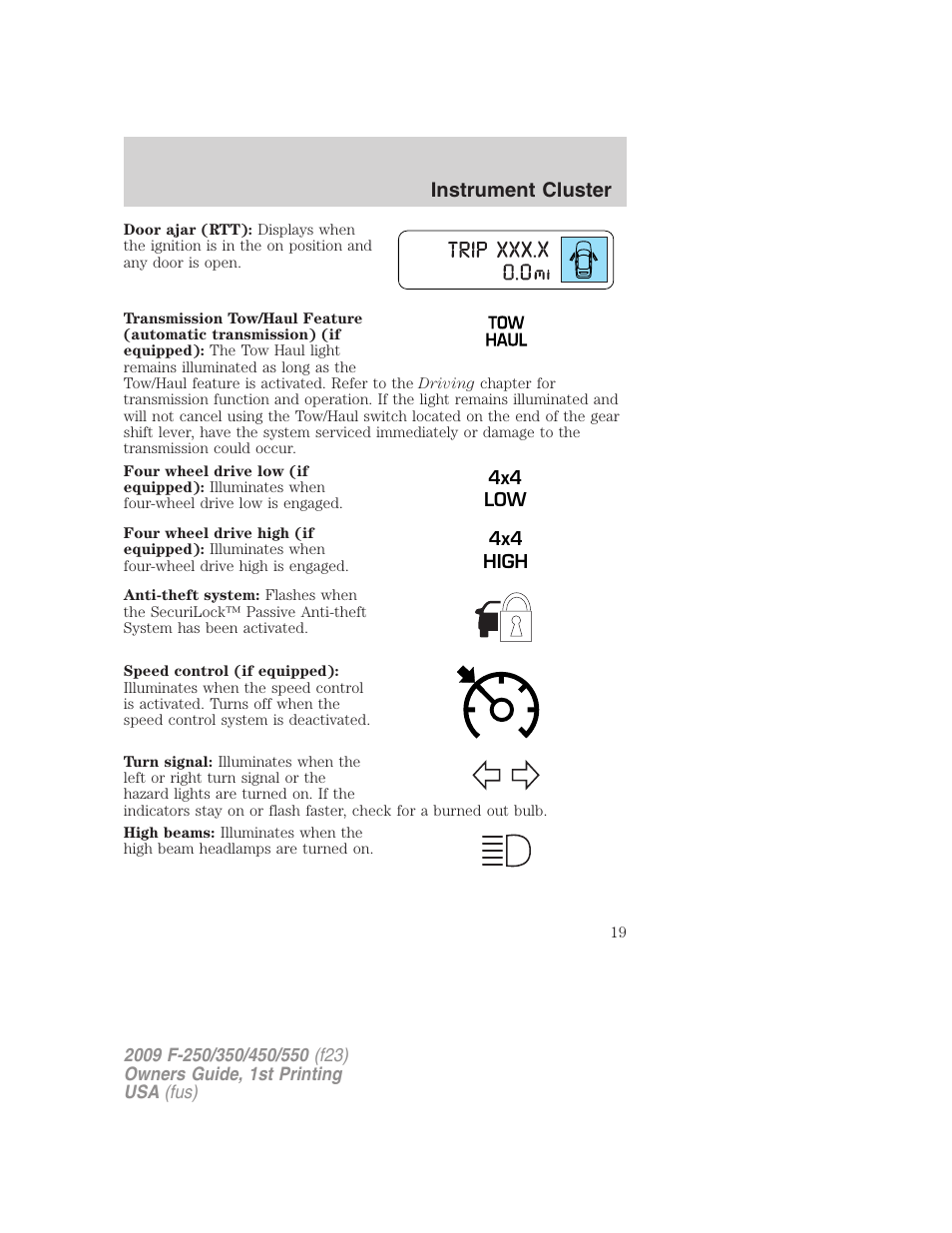 Instrument cluster | FORD 2009 F-550 v.1 User Manual | Page 19 / 418