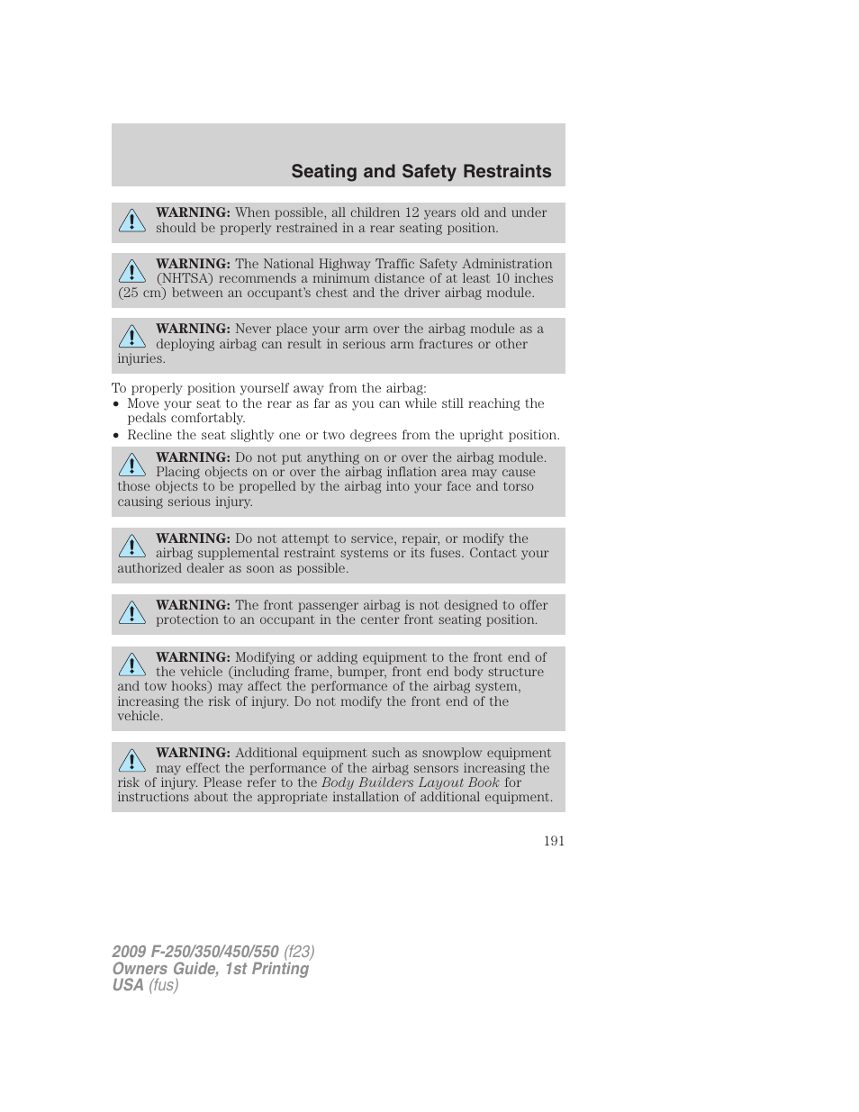 Seating and safety restraints | FORD 2009 F-550 v.1 User Manual | Page 191 / 418