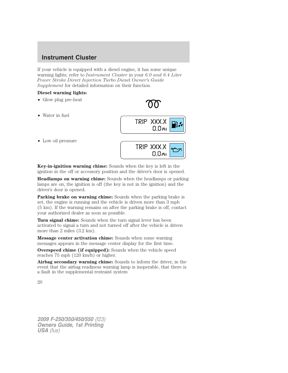 Instrument cluster | FORD 2009 F-550 v.1 User Manual | Page 20 / 418