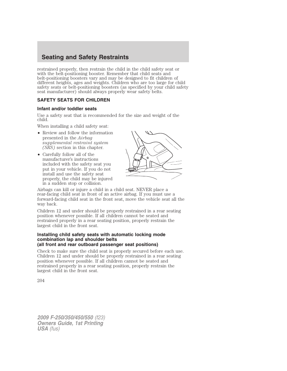 Safety seats for children, Infant and/or toddler seats, Seating and safety restraints | FORD 2009 F-550 v.1 User Manual | Page 204 / 418