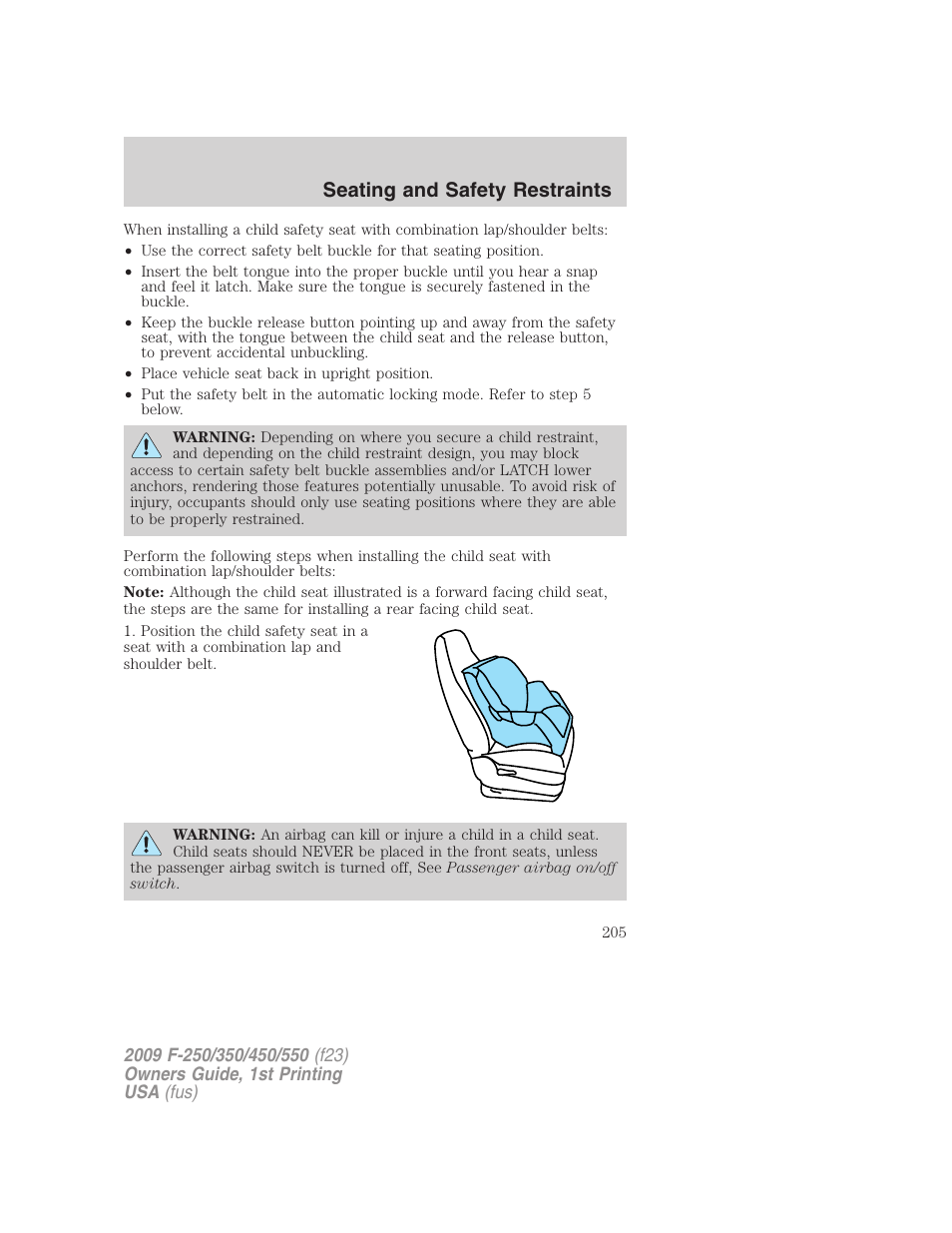 Seating and safety restraints | FORD 2009 F-550 v.1 User Manual | Page 205 / 418