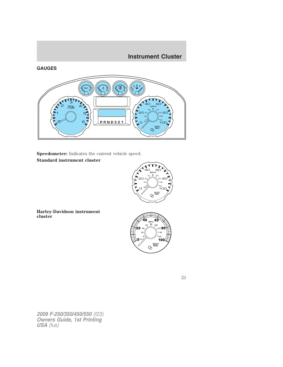 Gauges, Instrument cluster | FORD 2009 F-550 v.1 User Manual | Page 21 / 418