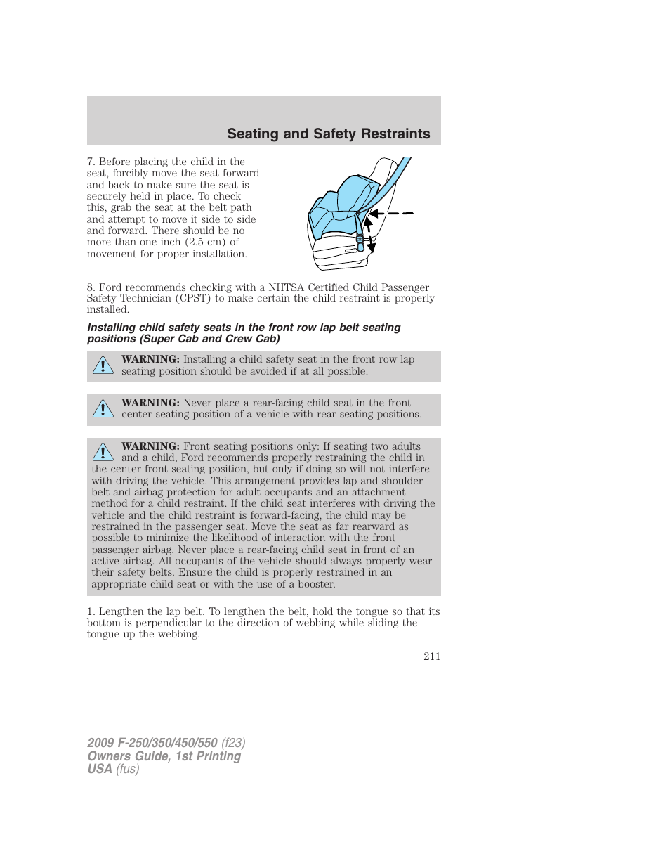 Seating and safety restraints | FORD 2009 F-550 v.1 User Manual | Page 211 / 418