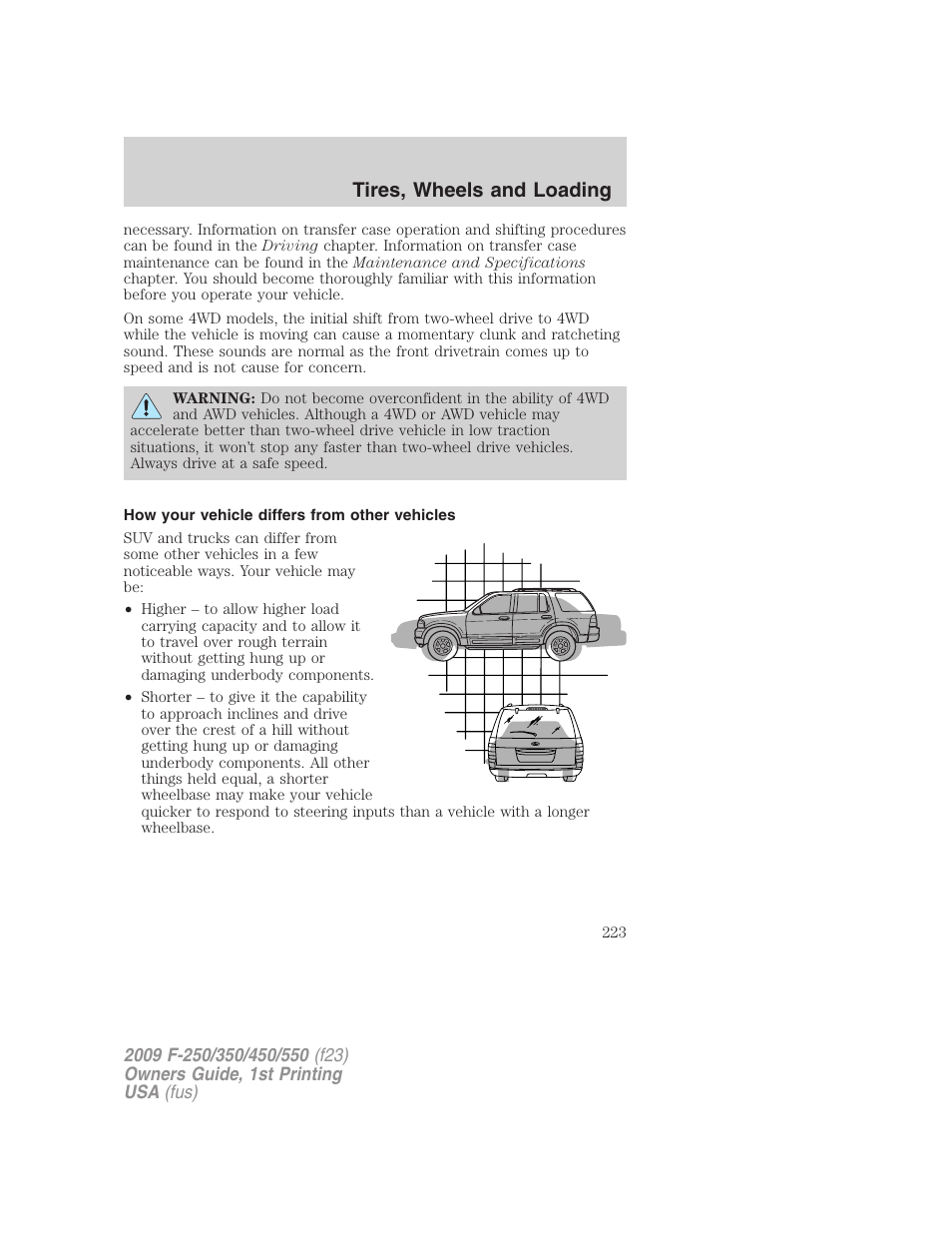 How your vehicle differs from other vehicles, Tires, wheels and loading | FORD 2009 F-550 v.1 User Manual | Page 223 / 418