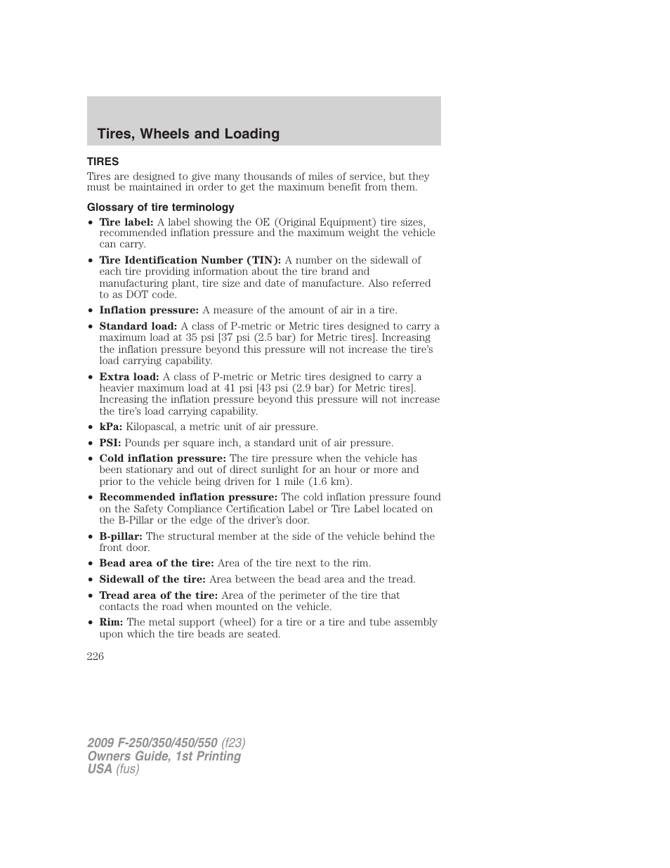 Tires, Glossary of tire terminology, Tires, wheels and loading | FORD 2009 F-550 v.1 User Manual | Page 226 / 418