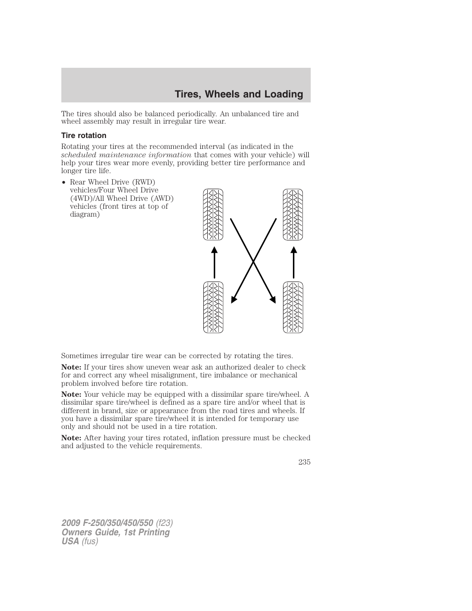 Tire rotation, Tires, wheels and loading | FORD 2009 F-550 v.1 User Manual | Page 235 / 418