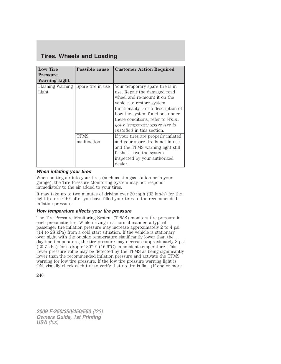 When inflating your tires, How temperature affects your tire pressure, Tires, wheels and loading | FORD 2009 F-550 v.1 User Manual | Page 246 / 418