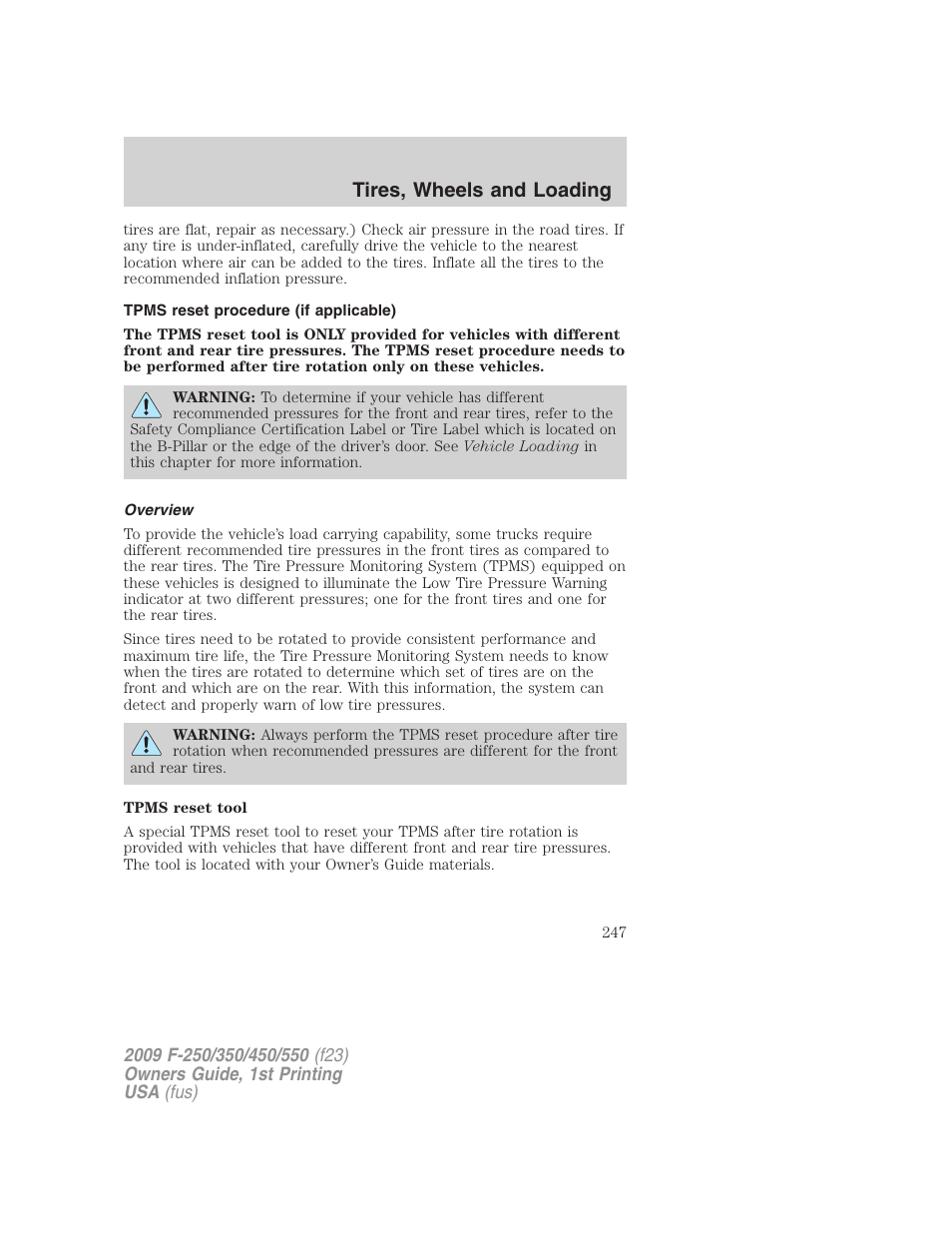 Tpms reset procedure (if applicable), Overview, Tires, wheels and loading | FORD 2009 F-550 v.1 User Manual | Page 247 / 418