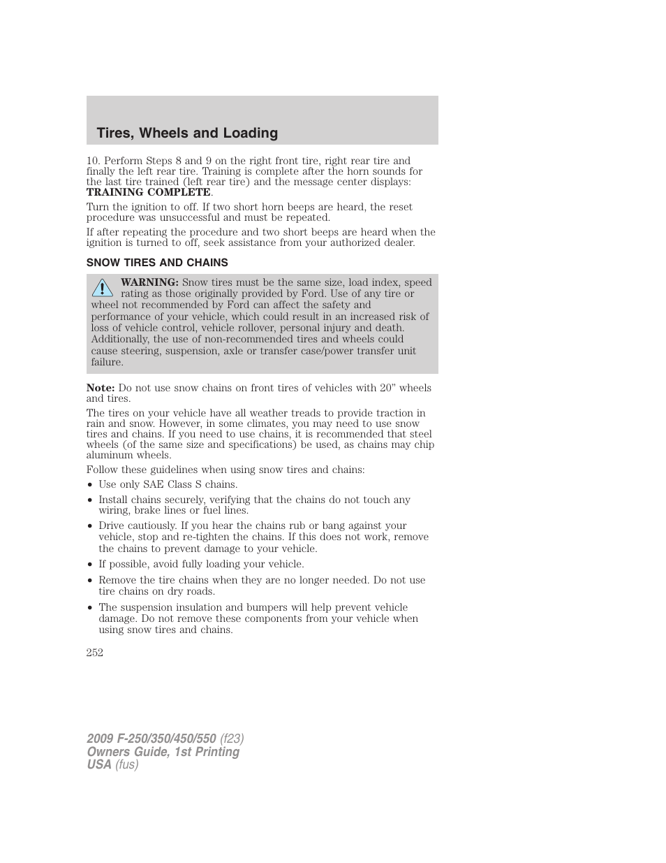 Snow tires and chains, Tires, wheels and loading | FORD 2009 F-550 v.1 User Manual | Page 252 / 418