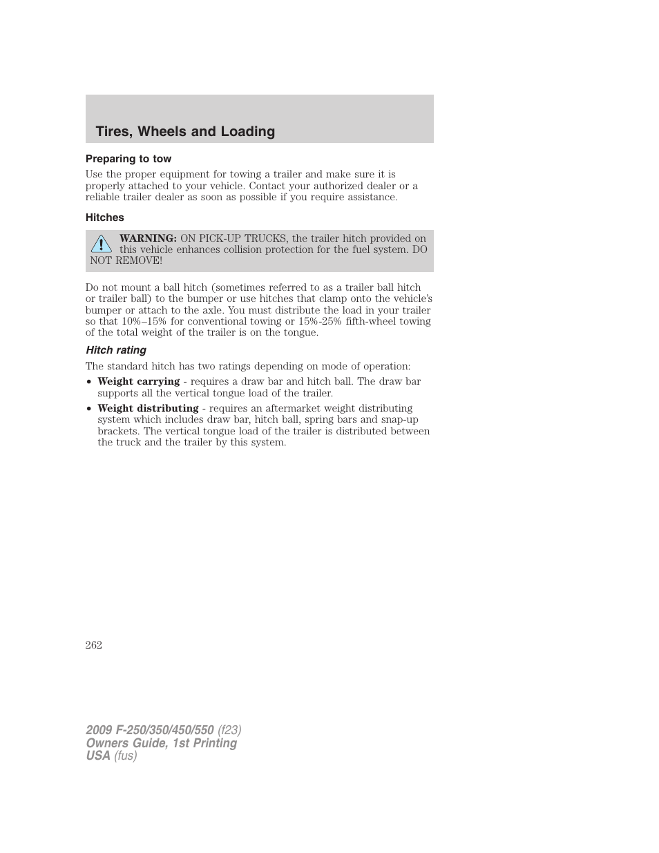 Preparing to tow, Hitches, Hitch rating | Tires, wheels and loading | FORD 2009 F-550 v.1 User Manual | Page 262 / 418