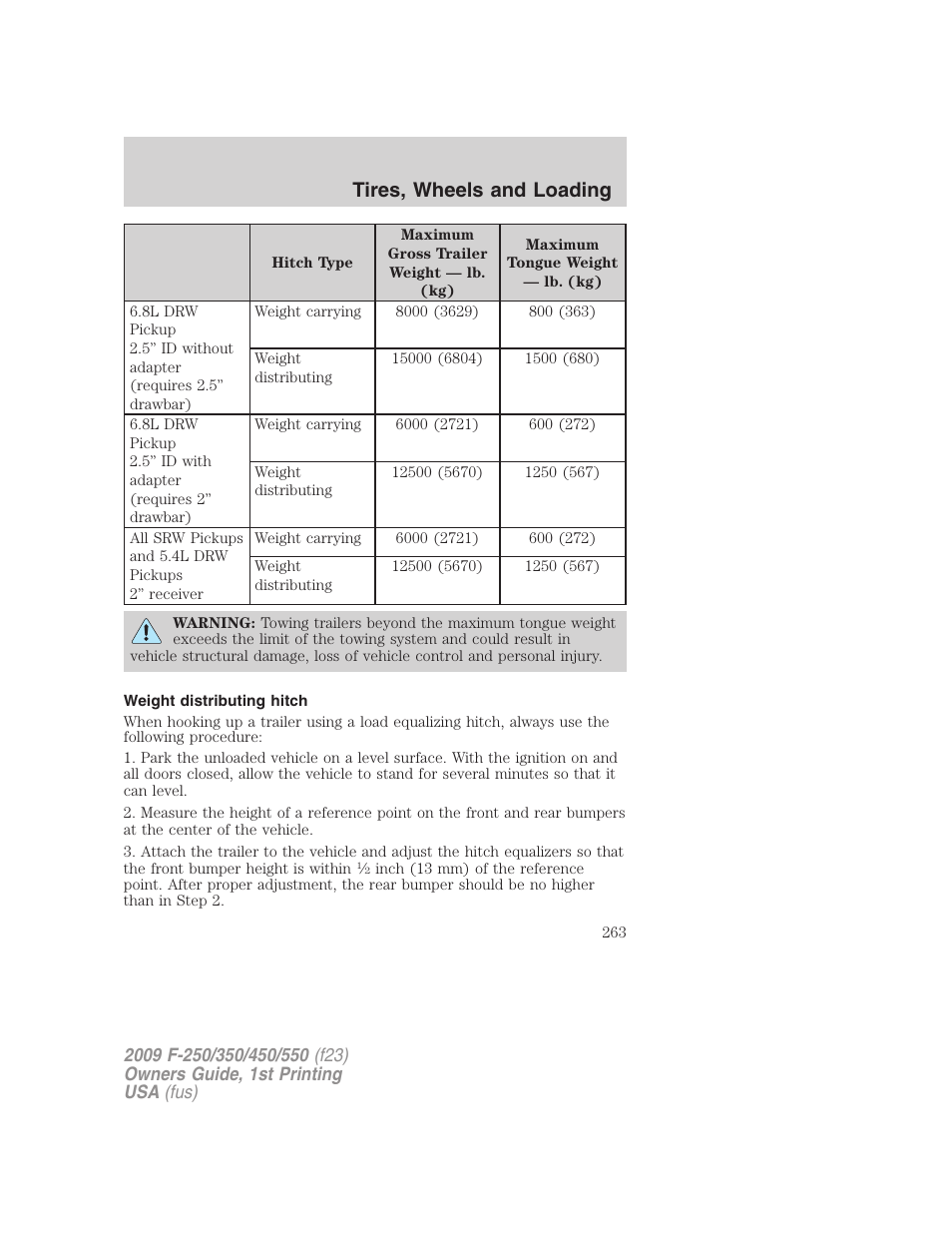 Weight distributing hitch, Tires, wheels and loading | FORD 2009 F-550 v.1 User Manual | Page 263 / 418